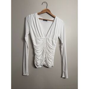 Naked Wardrobe White Ruched Deep V-Neck Pullover Stretch Long Sleeve Top Medium